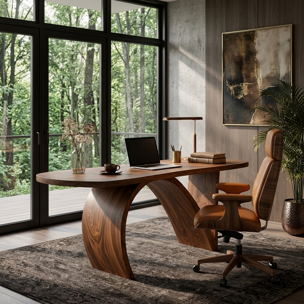 Contemporary Wooden Desk With Artistic Base For Home Workspace