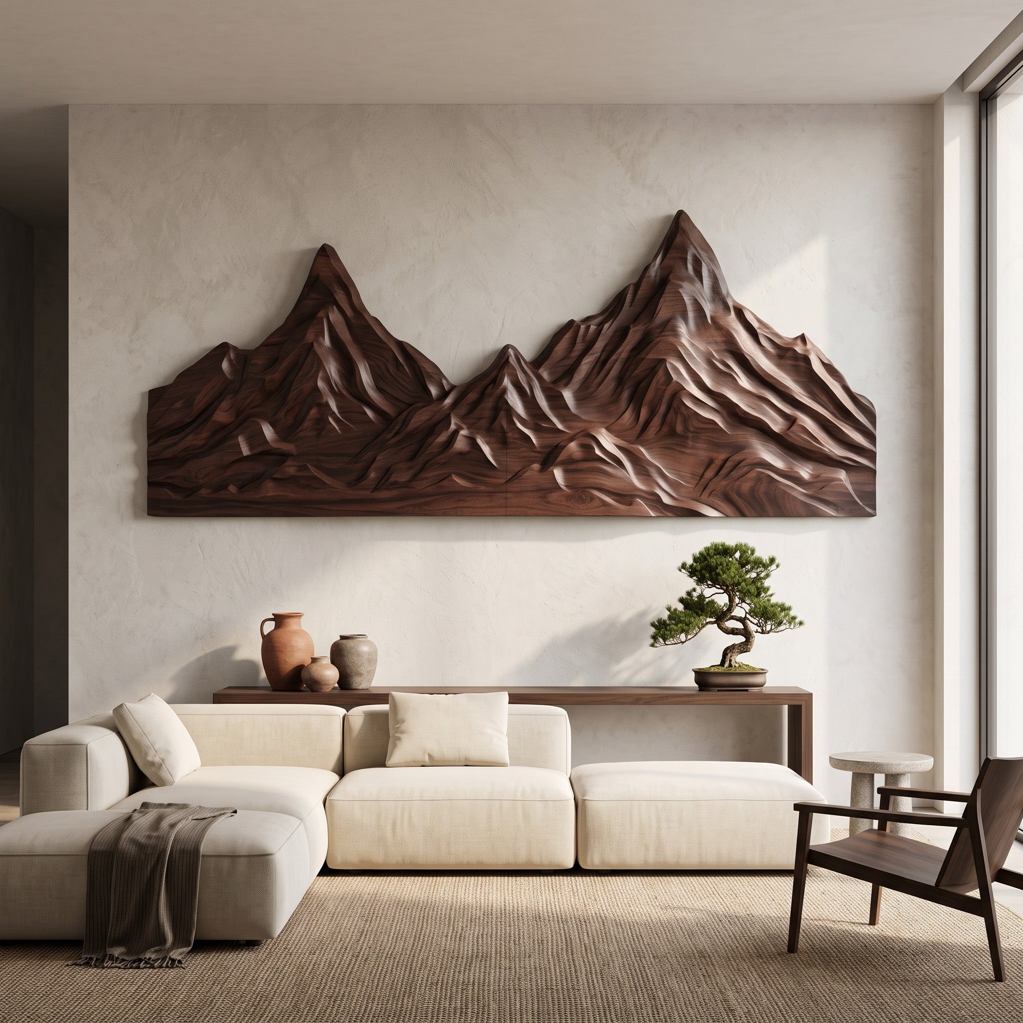 Rustic Mountain Wall Art Sculpture Hand Carved For Bedroom And