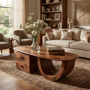 Modern Wood Oval Coffee Table With Drawer For Living Room