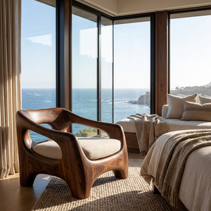 Wooden Armchair With Sculptural Frame For Porch
