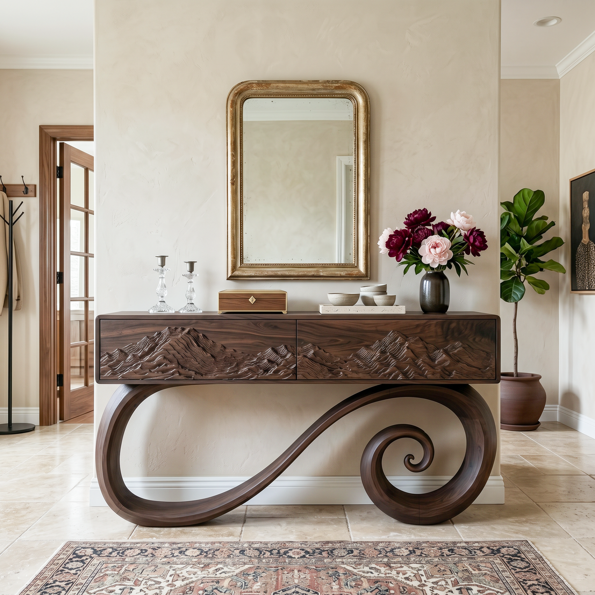 Sculptural Console Table With Spiral Base For Elegant Entryway