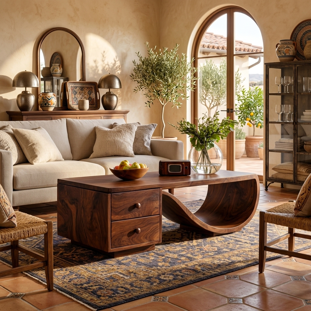 Wood Coffee Table With Unique Curved Base And Drawer For Home