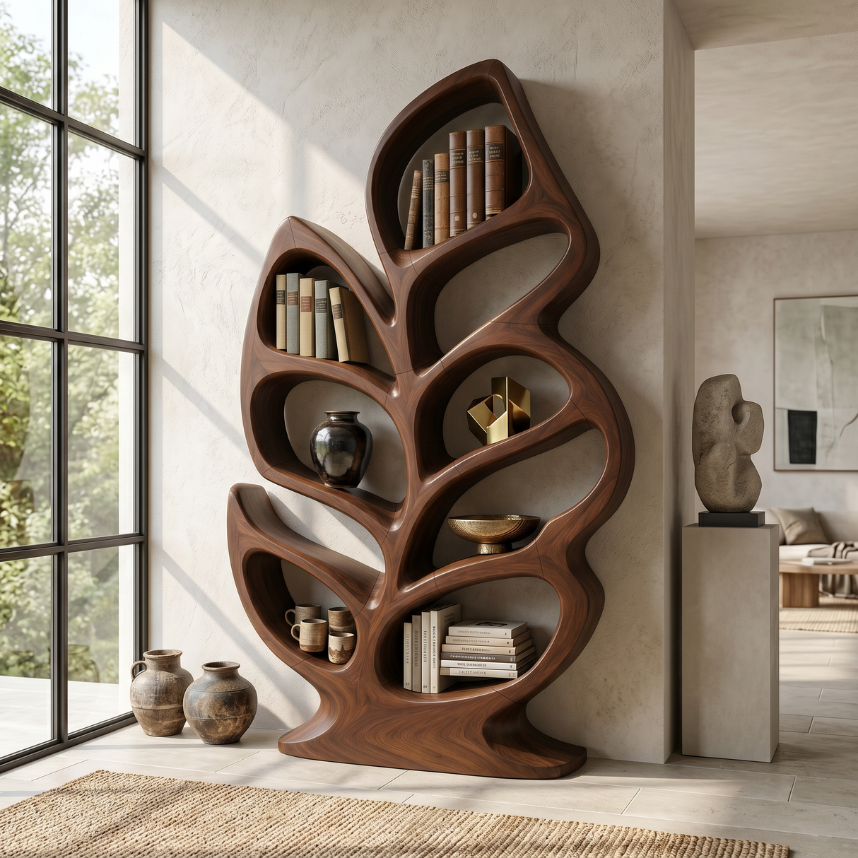 Contemporary Sculptural Bookcase For Stylish Entryway Interior