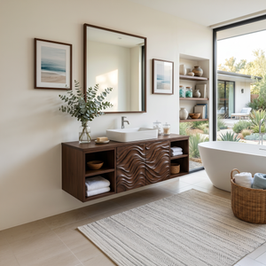 Organic Floating Bathroom Vanity With Open Shelves For Contemporary Bathroom