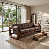 Luxury Wooden Leather Sofa For High Rise Apartment Living Room