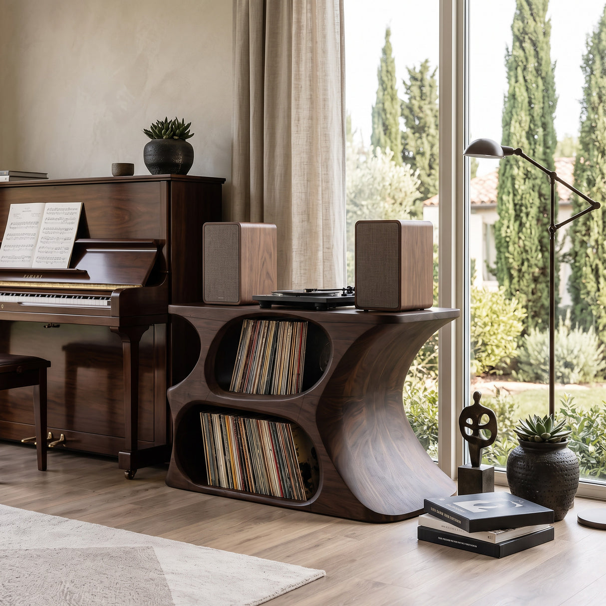 Modern Wooden Record Cabinet With Rounded Shelves For Living Room