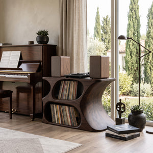 Modern Wooden Record Cabinet With Rounded Shelves For Living Room