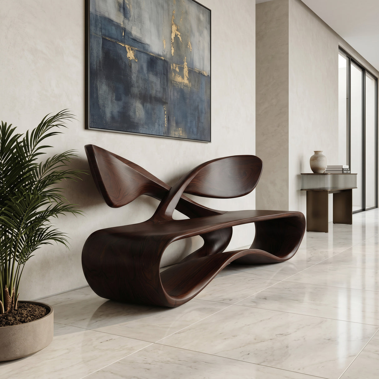 Contemporary Curved Bench With Cross Backrest For Living Room