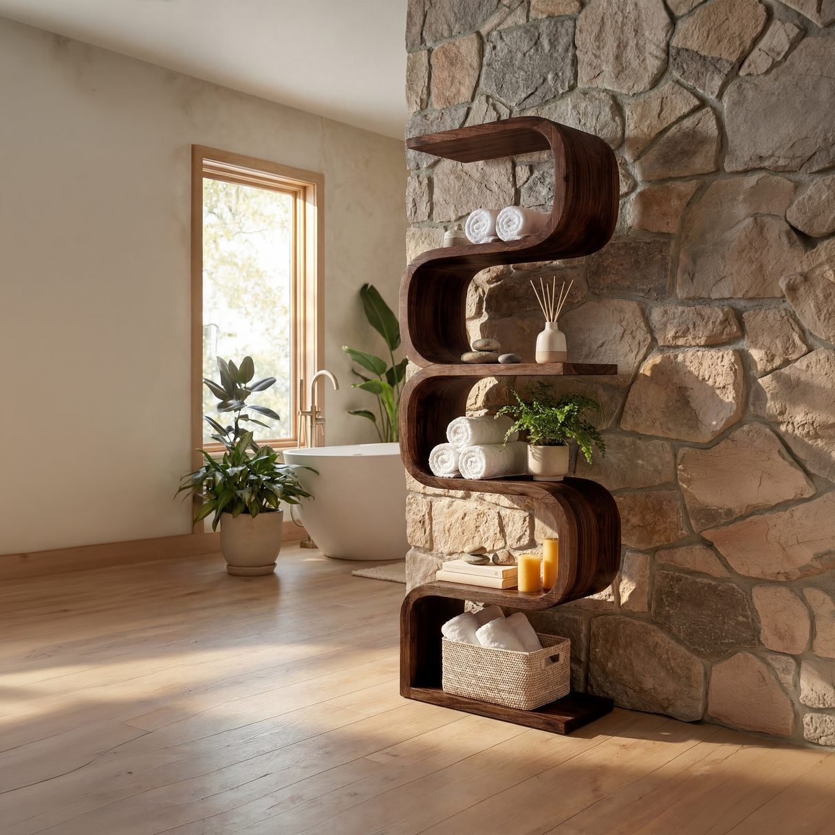 Rustic Farmhouse Wavy Bookshelf Bedroom Corner Display