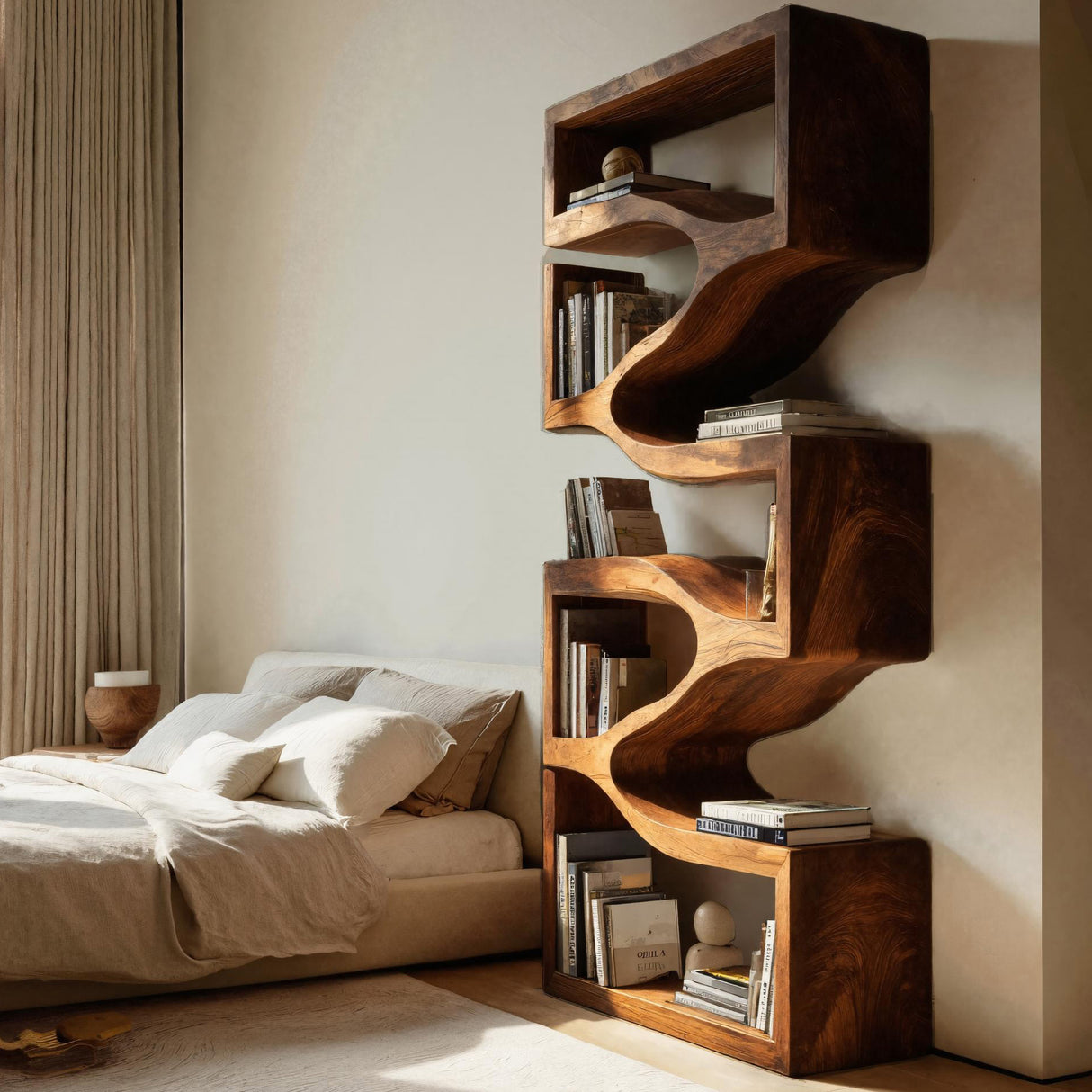 Sculptural Wooden Wall Bookcase For Modern BedRoom