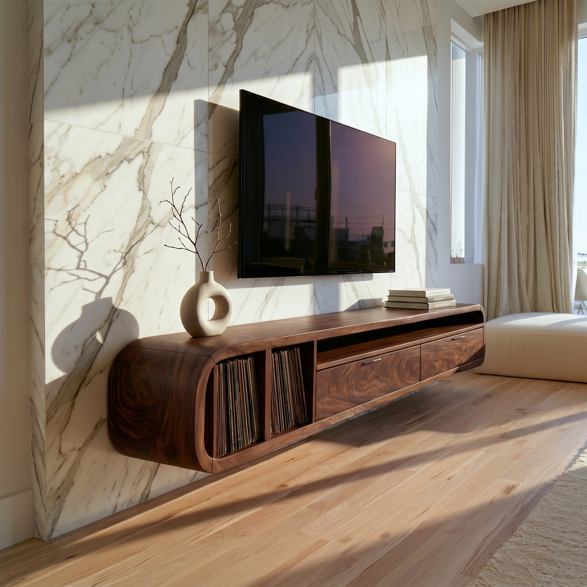 Floating Walnut TV Cabinet Vinyl Record Storage