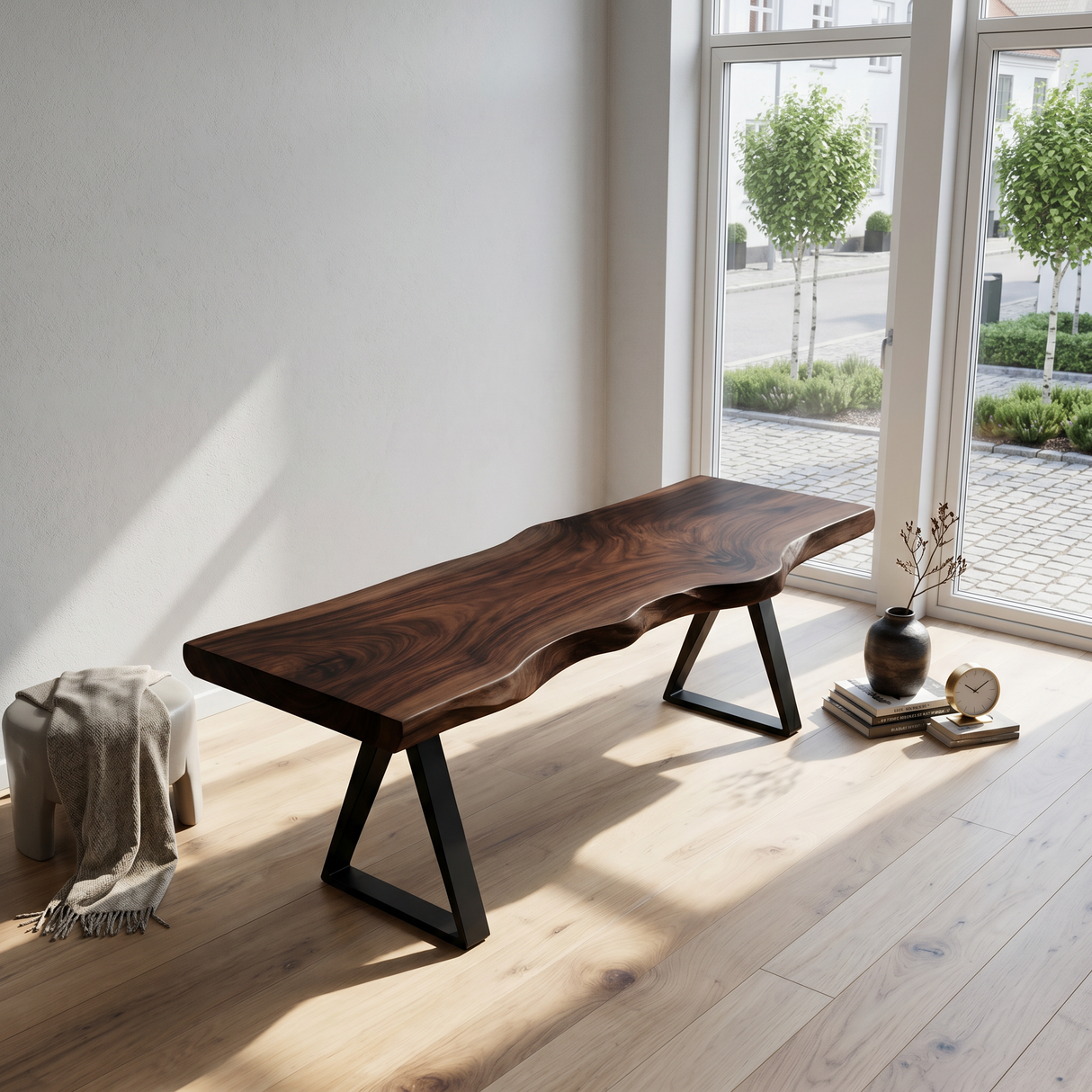 Mid Century Live Edge Slab Bench For Dining Interior Space