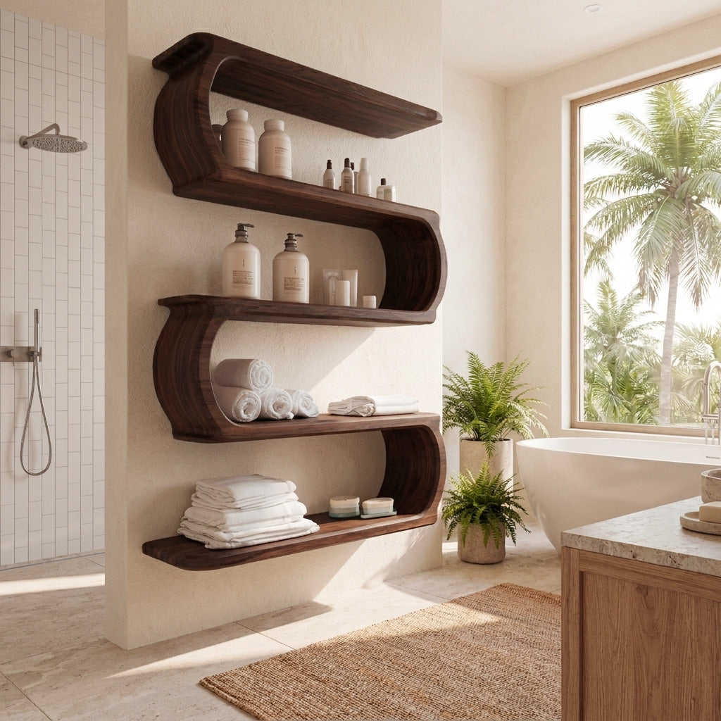 Minimal Natural Wood Floating Bathroom Shelves For Spa Decor