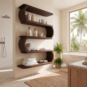 Minimal Natural Wood Floating Bathroom Shelves For Spa Decor