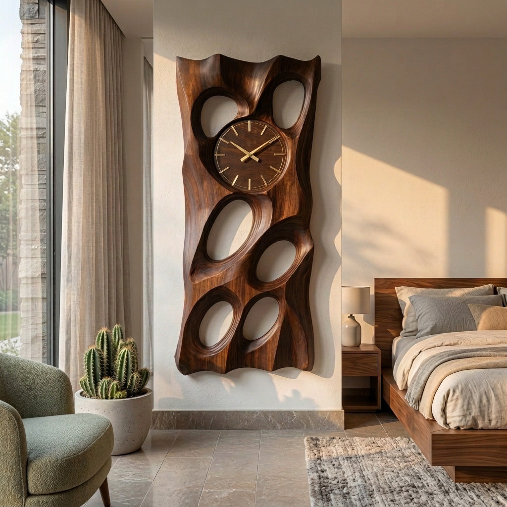 Wooden Wall Clock With Openwork Design For Living Room