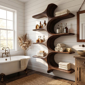 Organic Sculptural Natural Wood Bathroom Shelf For Spa