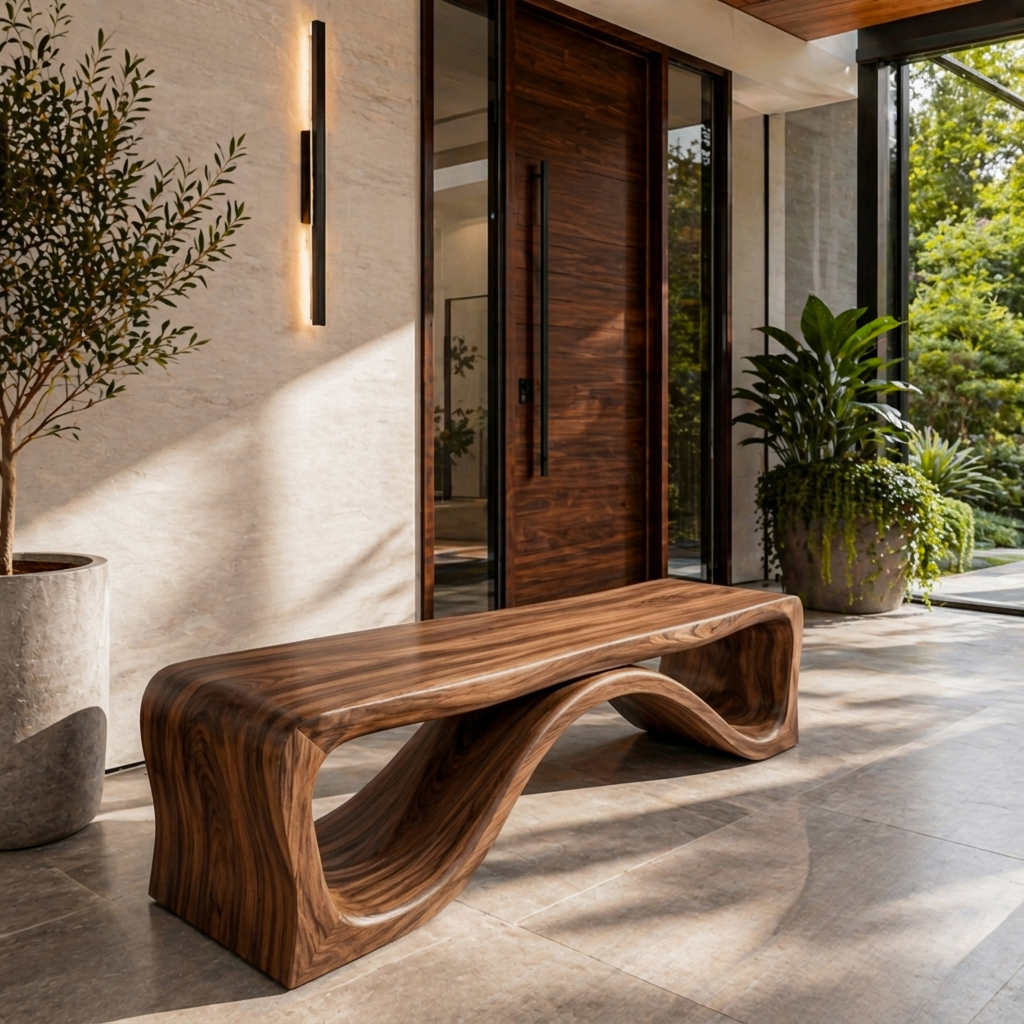 Luxury Wood Bench With Flowing Leg For Entryway