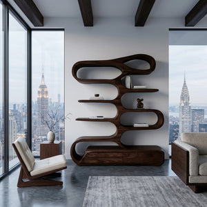 Minimalist Sculptural Bookshelf With Rounded Compartments For Reading Room