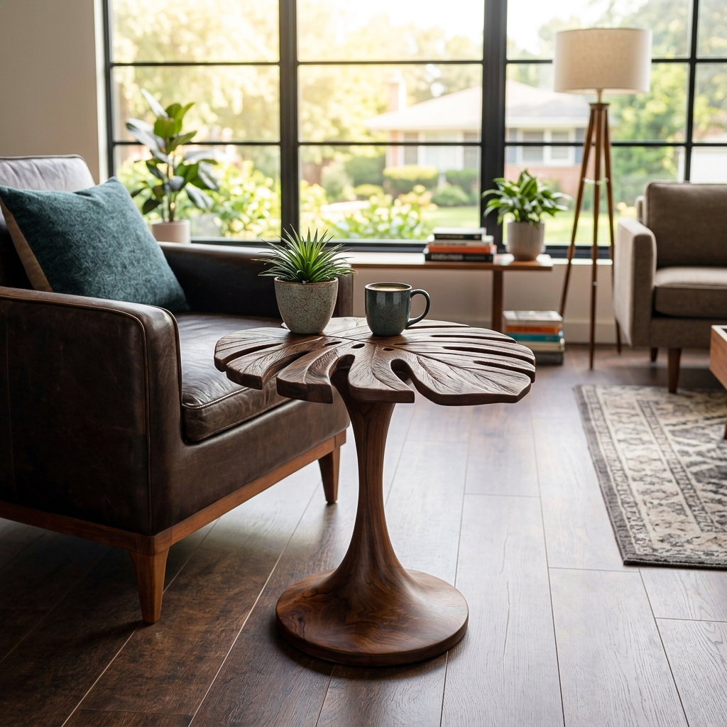 Handmade Wooden Side Table Leaf Shape Top For Sofa Side