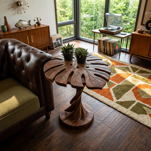 Modern Wood Side Table With Artistic Leaf Top For Living