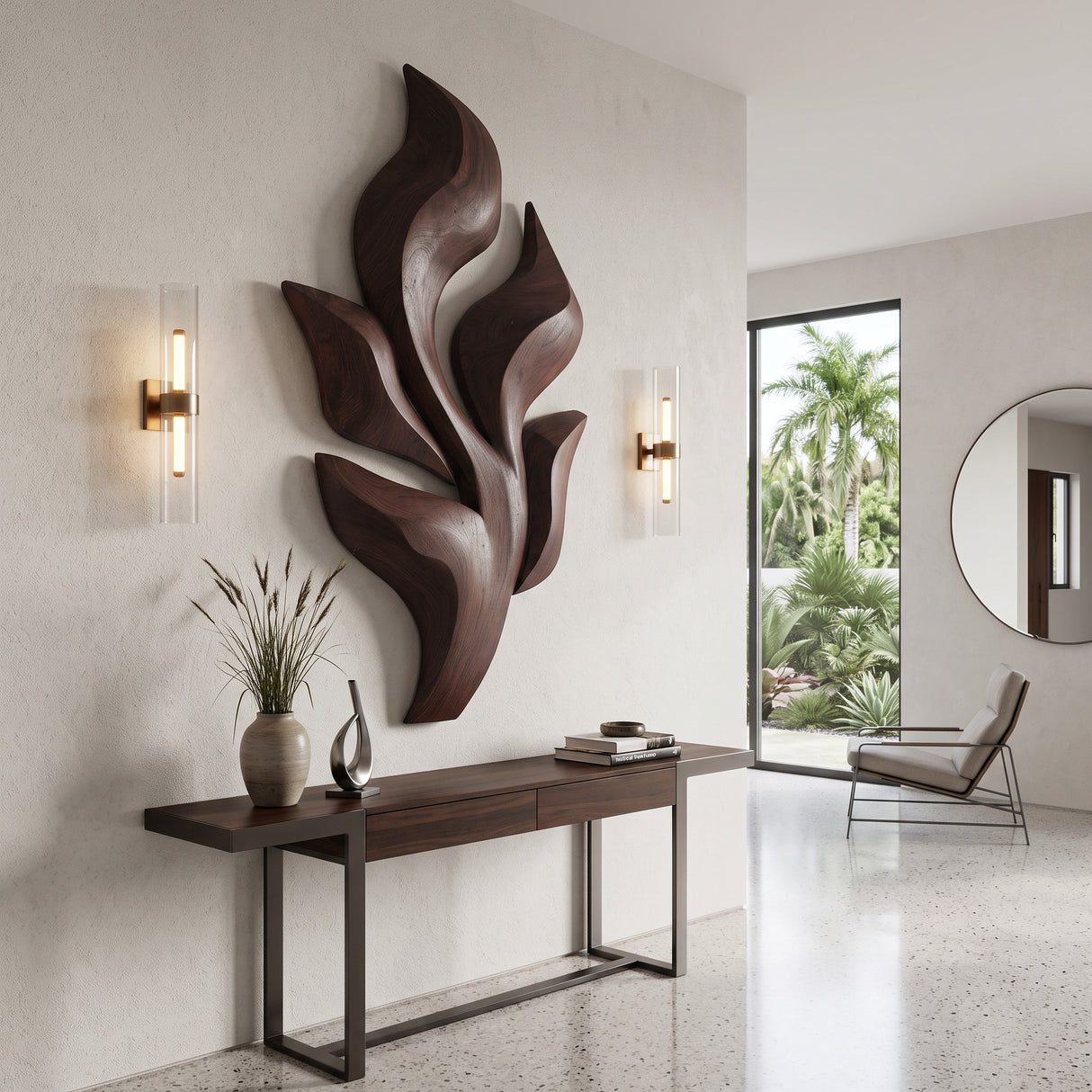 Sculptural Wooden Leaf Wall Art With Warm Light For Home