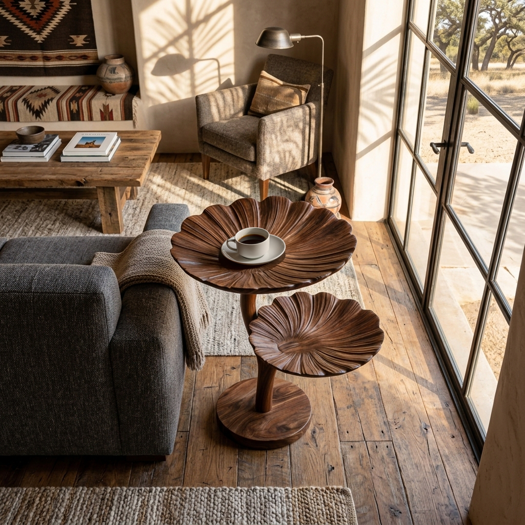 Wooden Side Table With Leaf Shape Top For Living Room