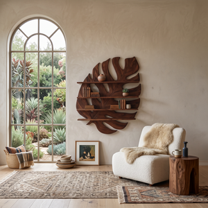 Large Wooden Tropical Leaf Bookshelf For Living Room