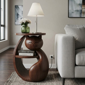 Whimsical Cat Shaped Wooden Side Table For Bedroom