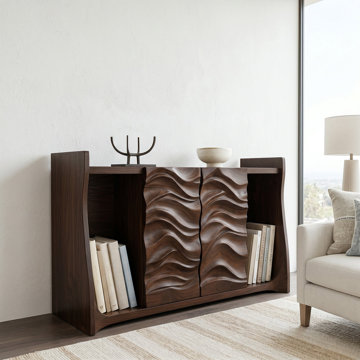Contemporary Open Bookshelf With Carved Doors For Home Library