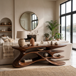 Wooden Console Table With Sculptural Form For Living Statement