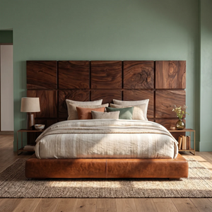 Minimal Grid Wood Headboard For Dark Contemporary Bedroom