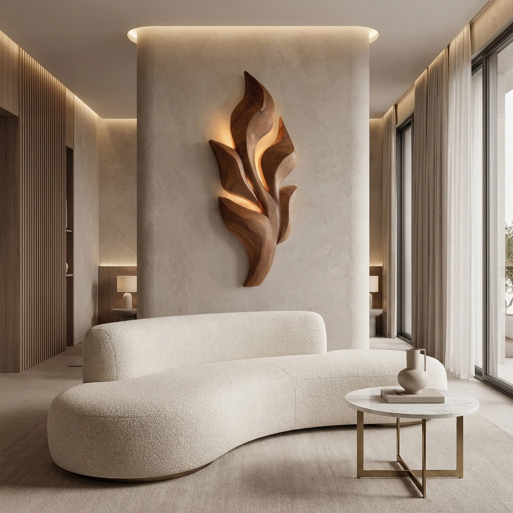 Sculptural Wooden Leaf Wall Lamp With Warm Light For Home