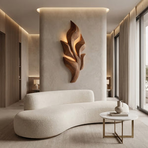 Sculptural Wooden Leaf Wall Lamp With Warm Light For Home