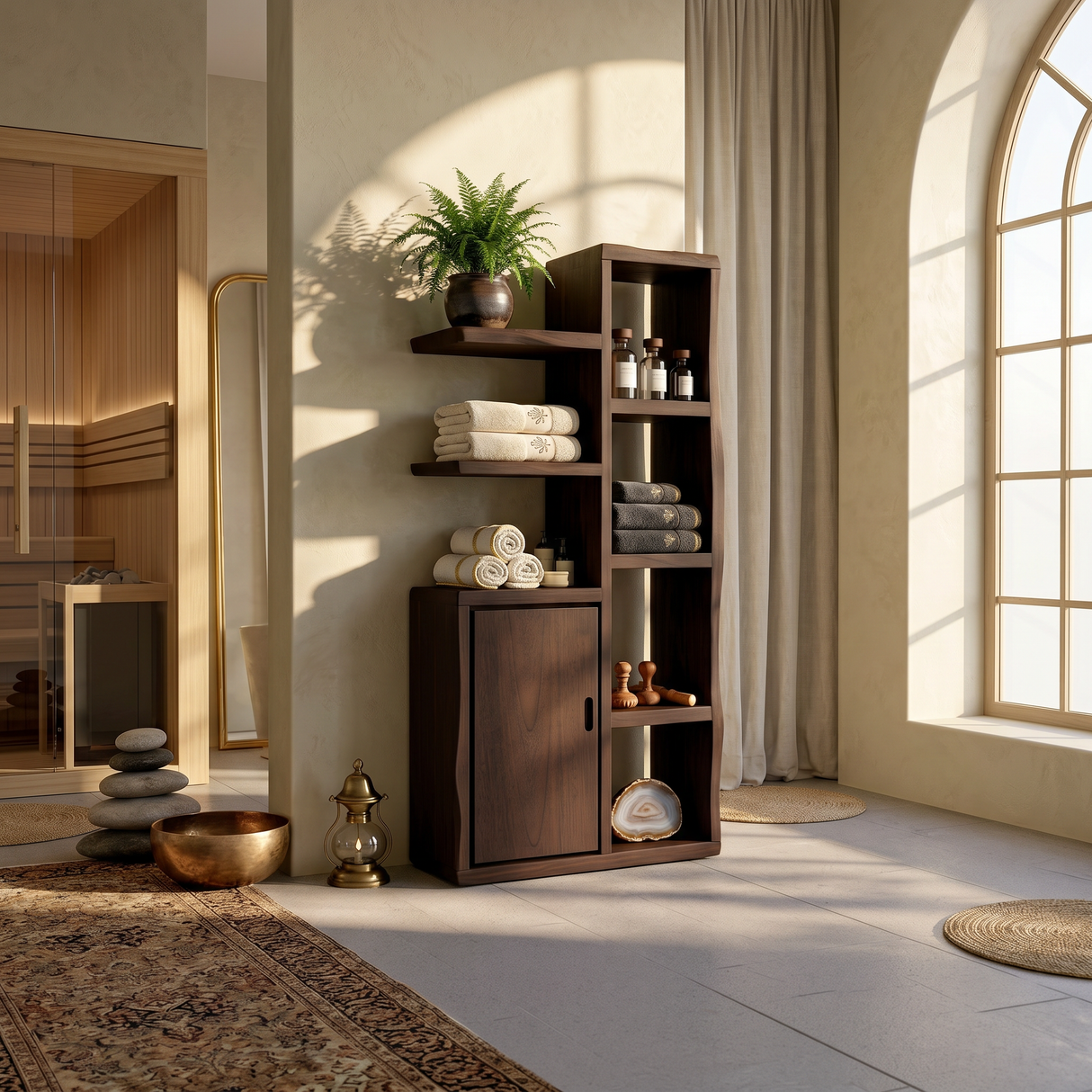 Japandi Open Shelf Storage Cabinet Wellness Suite