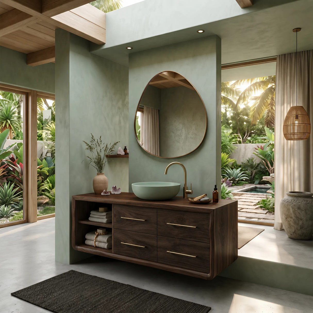 Scandinavian Floating Vanity With Open Shelf For Apartment
