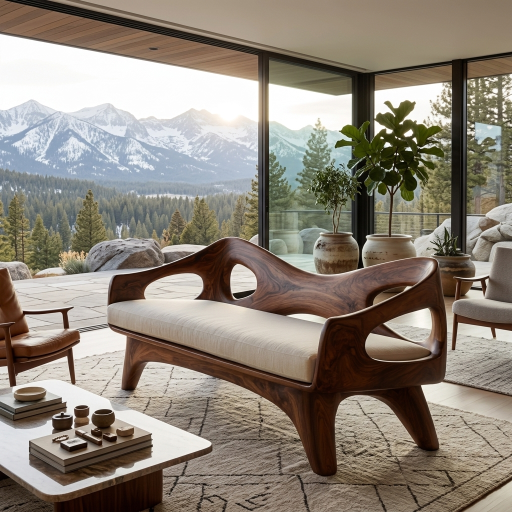Organic Wooden Sofa With Unique Backrest For Lounge