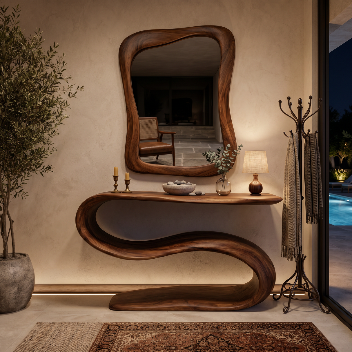 Organic Wooden Console Table With Sculptural Undulating Base For Living