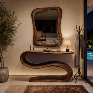 Organic Wooden Console Table With Sculptural Undulating Base For Living