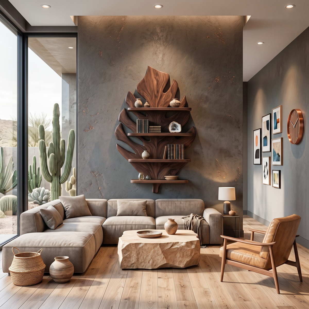 Wooden Tropical Leaf Wall Bookshelf For Living Room
