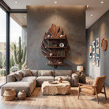 Wooden Tropical Leaf Wall Bookshelf For Living Room