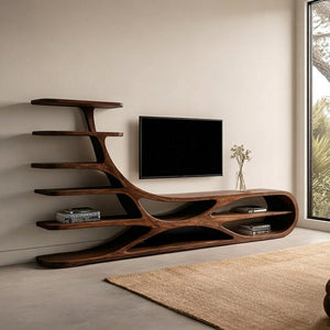 Organic Natural Wood TV Stand With Floating Shelves For Home