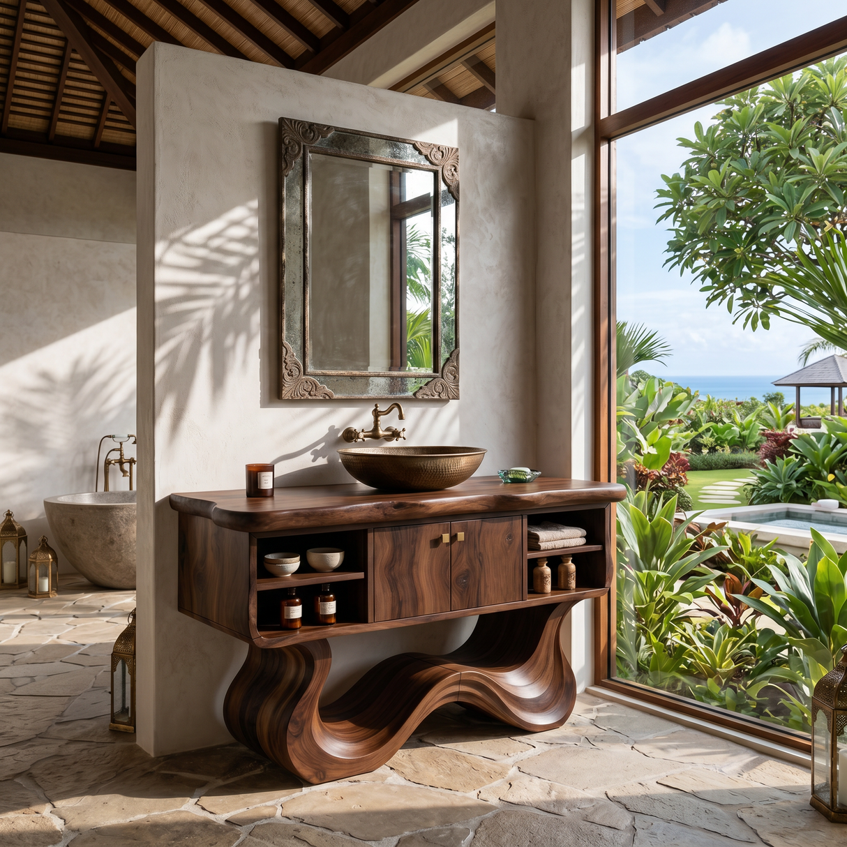 Modern Organic Vanity With Open Shelf For Spa Bathroom