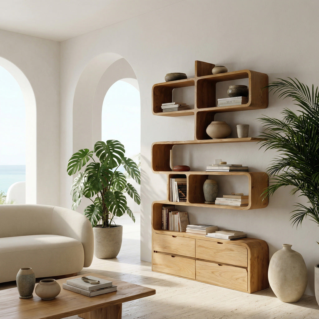 Minimalist Bookshelf With Curved Lines And Storage For Living