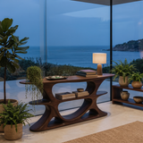 Organic Console Table With Multi Level Cutout Shelves For Living