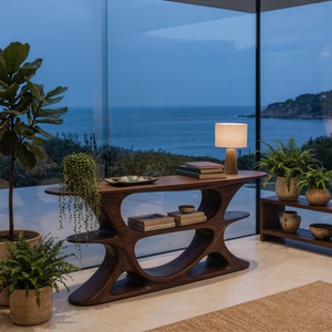Organic Console Table With Multi Level Cutout Shelves For Living