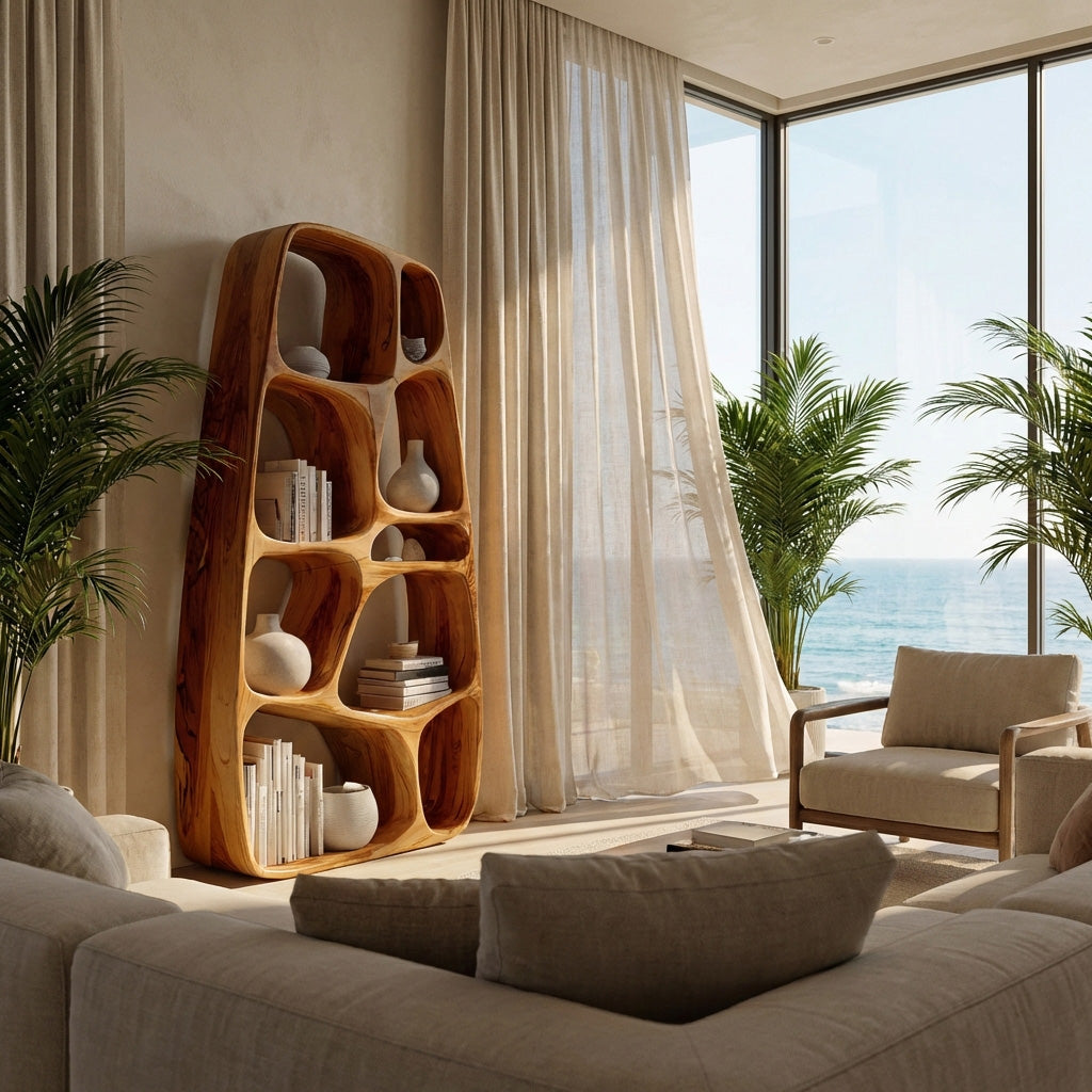 Handcrafted Wooden Sculptural Bookshelf For Living Room