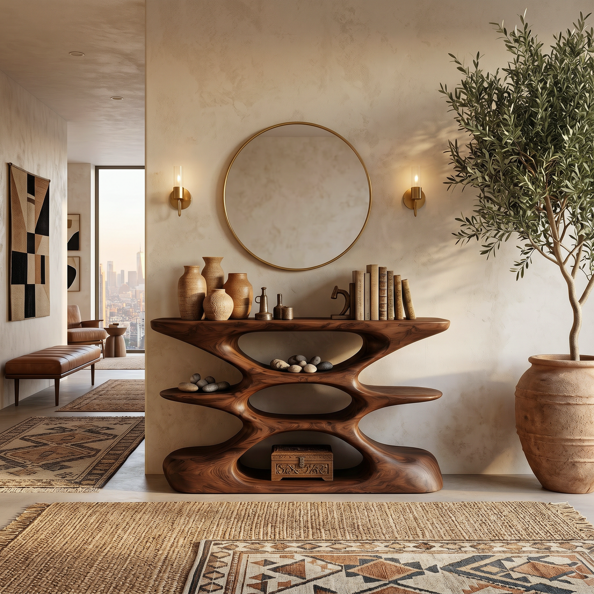 Contemporary Sculptural Wood Console Table With Cutout Shelves For Living