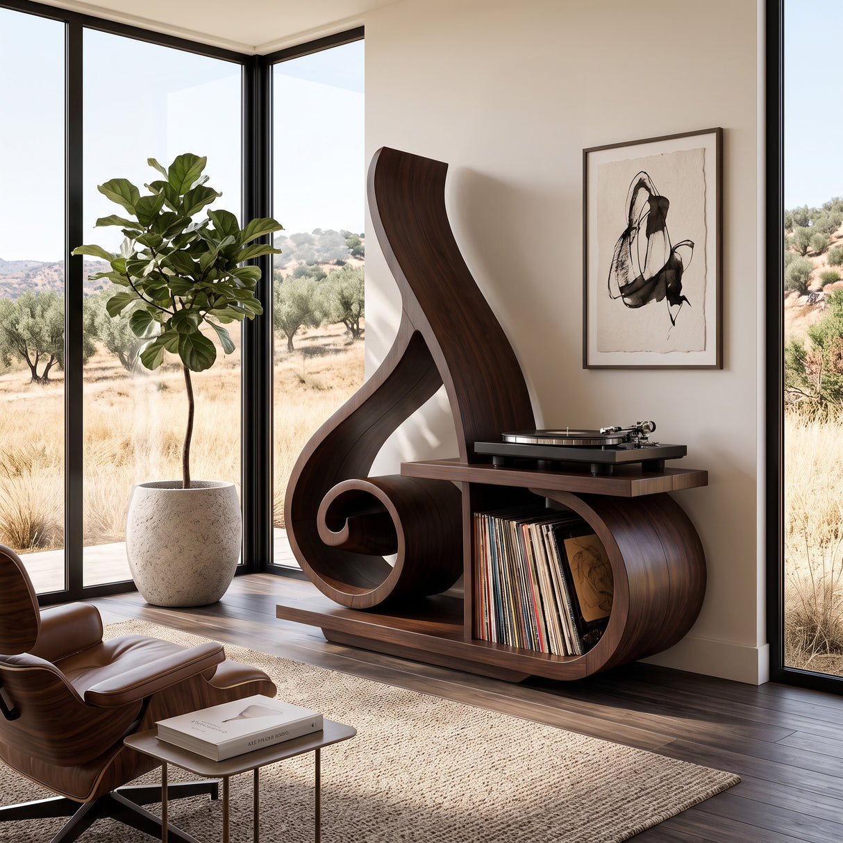 Contemporary Sculptural Wooden Record Player Stand For Living Room