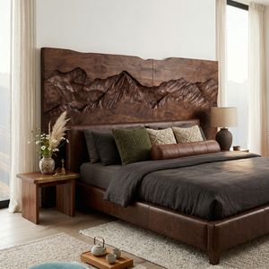 Rustic Mountain Relief Wood Headboard For Luxury Bedroom Interior