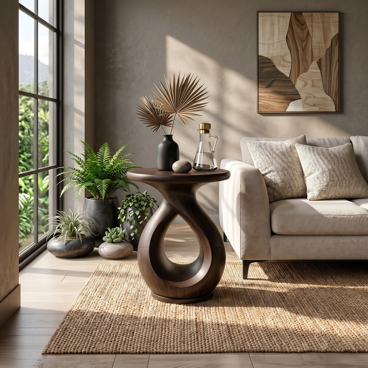 Japandi Twisted Side Table Contemporary Reading Nook